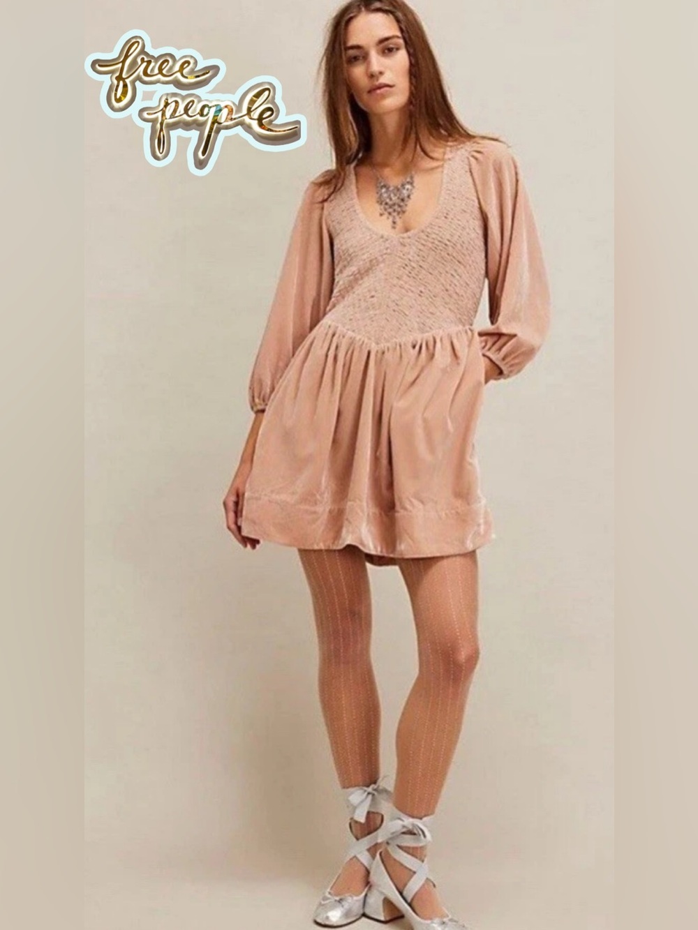 NWT Free People Farrier Velvet Smocked Mini Dress Pink/Mauve XS
